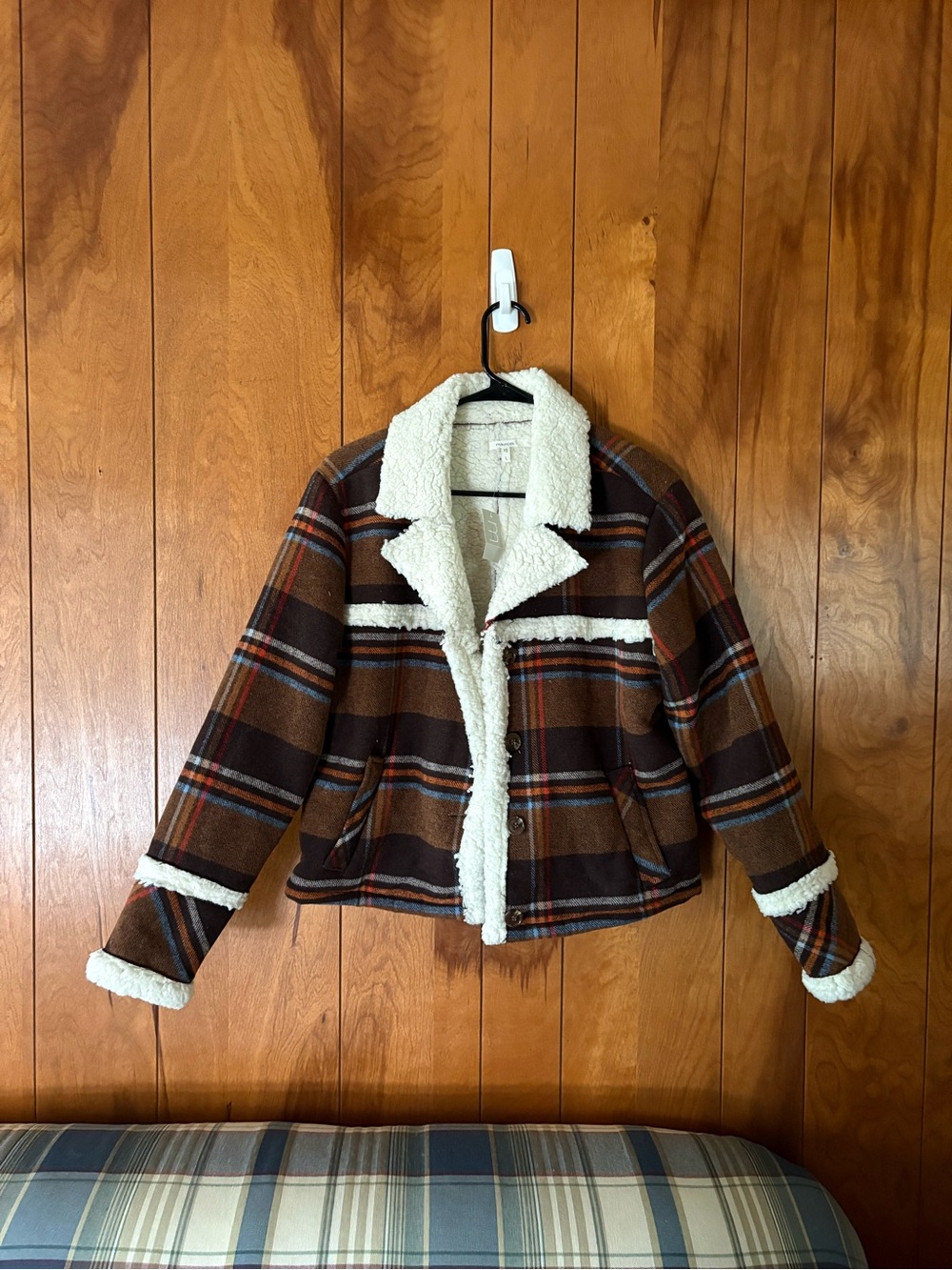 Maurices Brown Plaid Teddy Jacket with Cream Sherpa